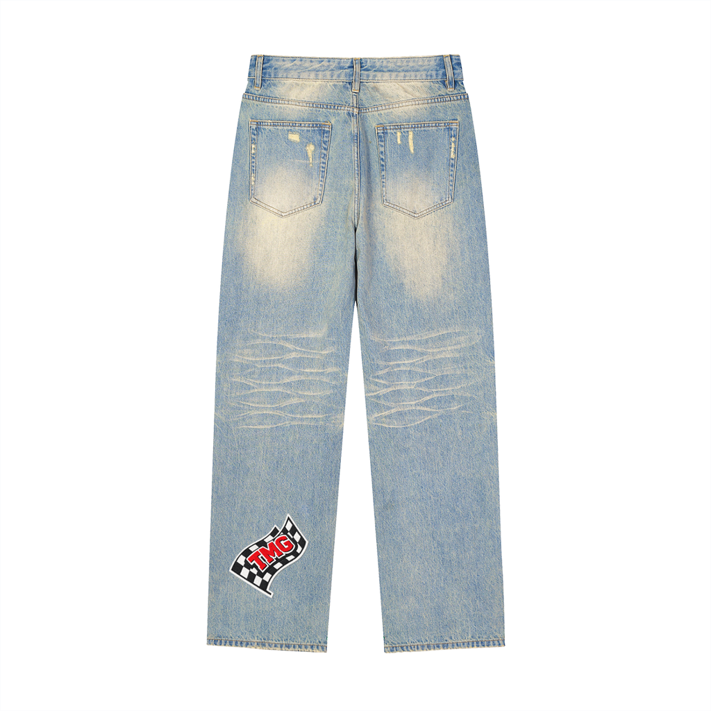 Sun Fade Raw Hem Denim Jeans