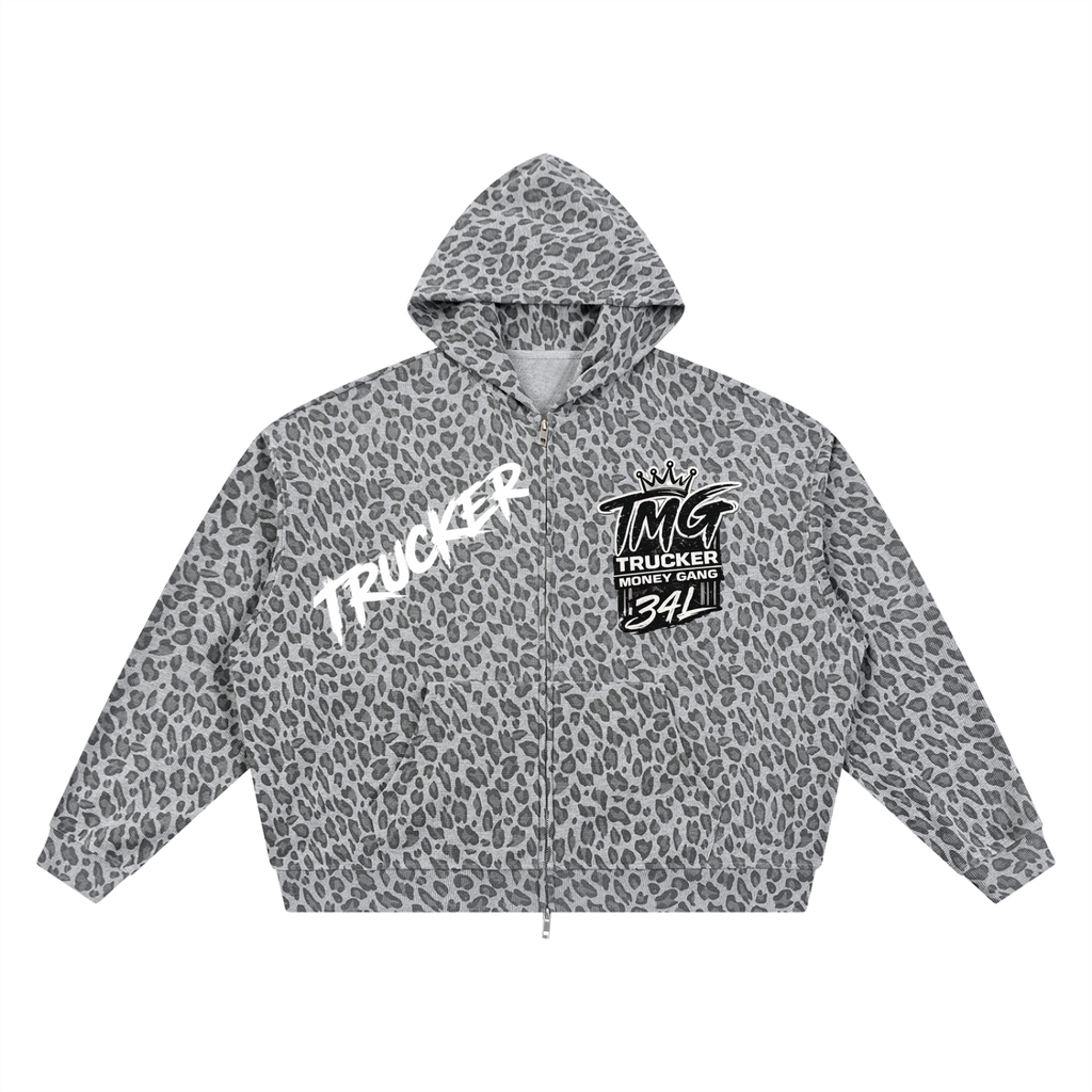 Unisex Leopard Print Waffle Full Zip Hoodie