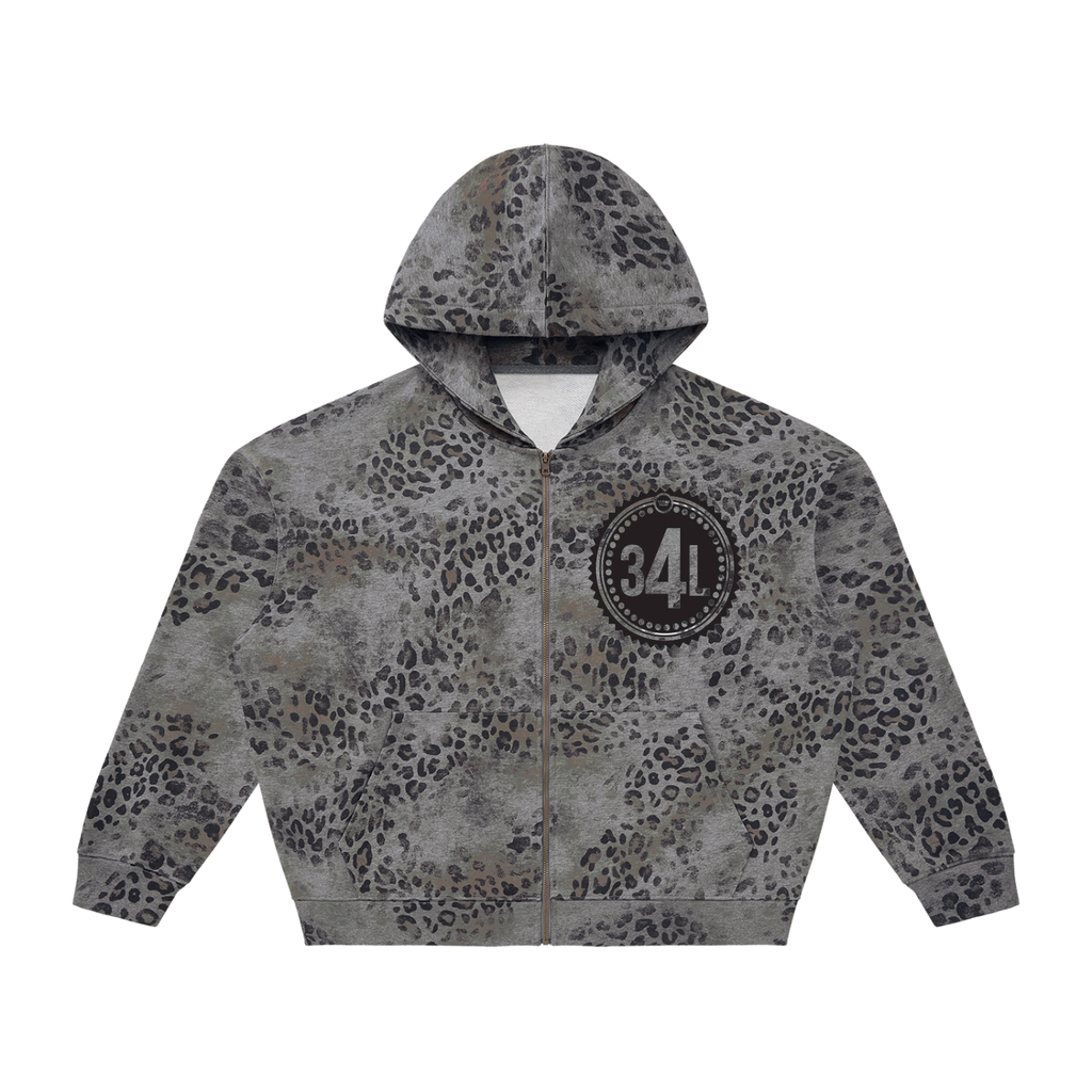 Unisex Vintage Wash Leopard Full Zip Hoodie